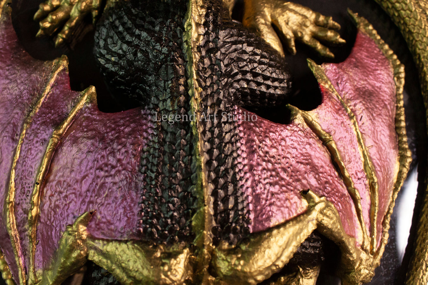 Shadowflame Sentinel – Intricate Black Resin Dragon Sculpture | Red Wings & Gold Highlights | One of a Kind Fantasy Decor