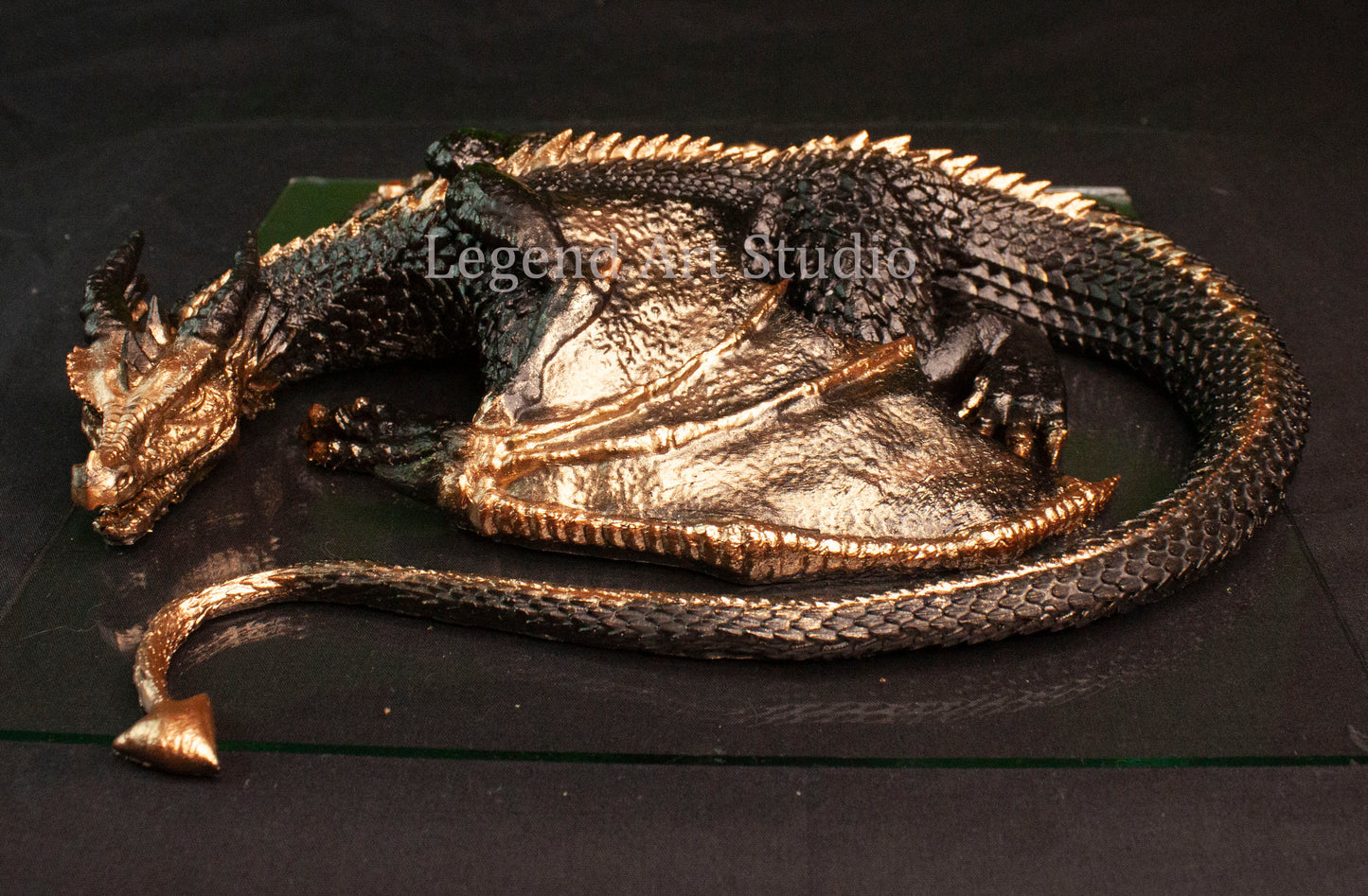 Dravak – Warden of Molten Silence | Black & Bronze Resin Dragon Sculpture | Fantasy Decor | Crystal Guardian | Lorewoven Art Original