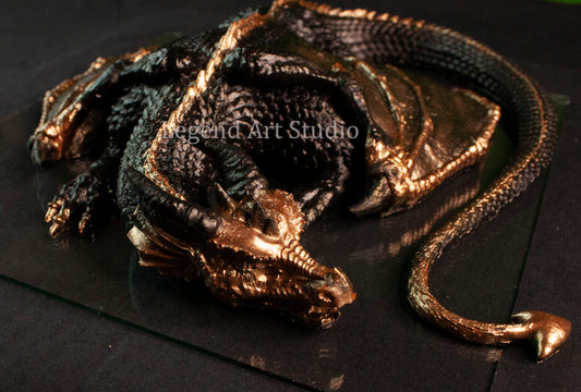 Dravak – Warden of Molten Silence | Black & Bronze Resin Dragon Sculpture | Fantasy Decor | Crystal Guardian | Lorewoven Art Original