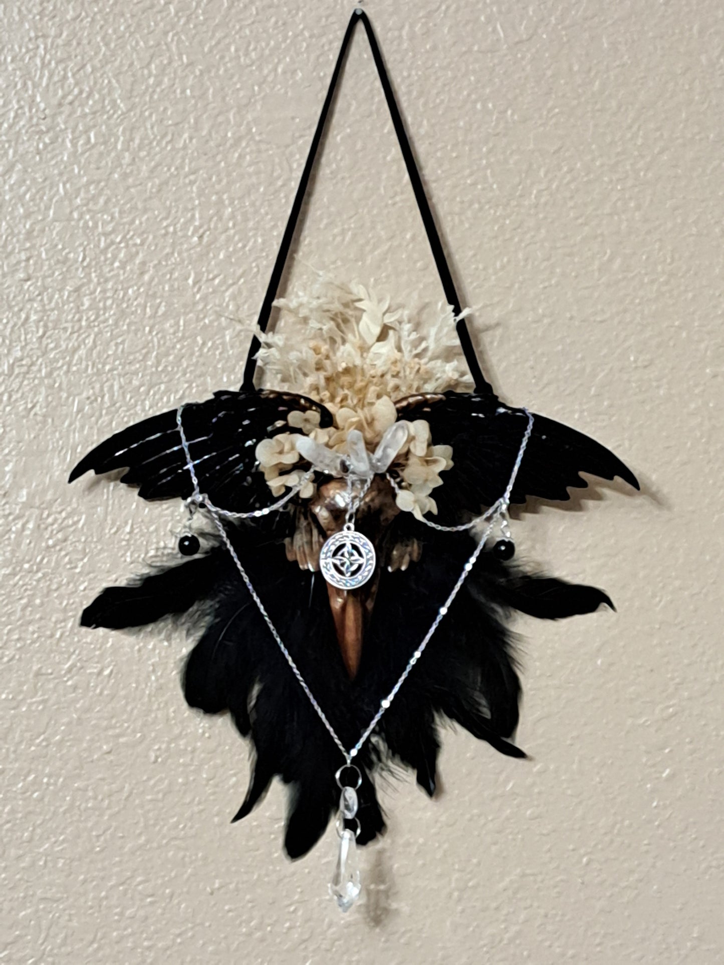 Handcrafted Winged Raven Skull Wall Hanging – One-of-a-Kind Gothic Botanical Decor