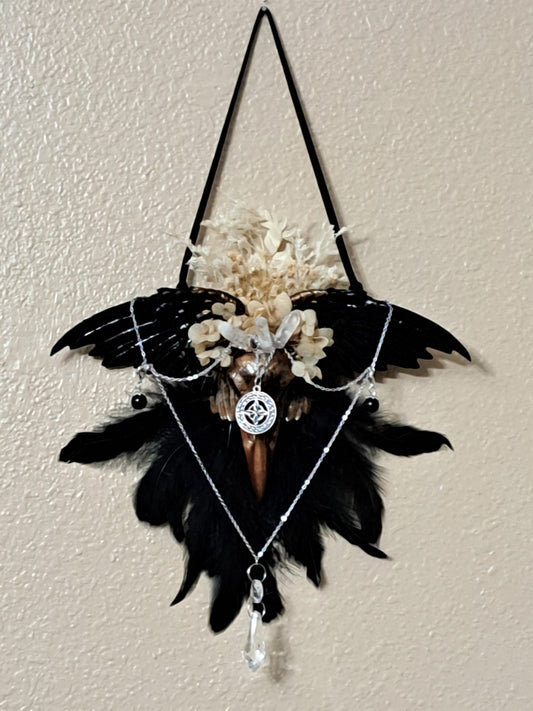 Handcrafted Winged Raven Skull Wall Hanging – One-of-a-Kind Gothic Botanical Decor